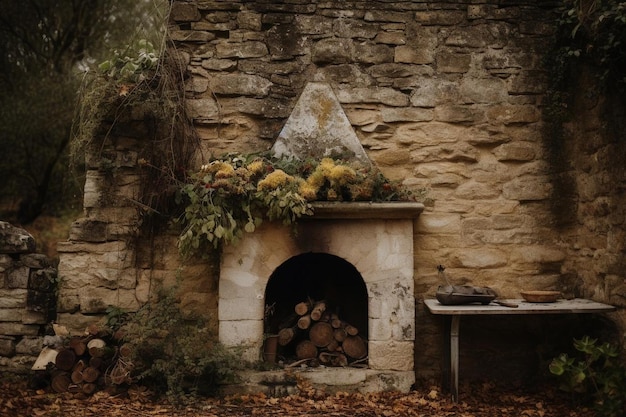 Ein rustikaler Pizzaofen, der in eine alte Steinmauer eingebaut ist