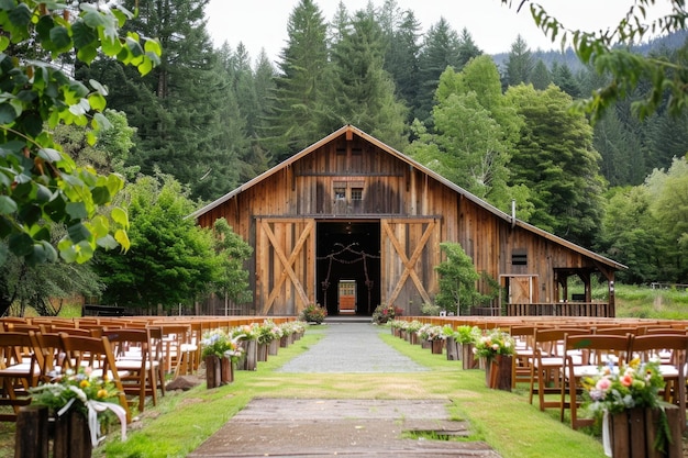 Ein rustikaler Scheune Hochzeitsort in grüner Waldumgebung