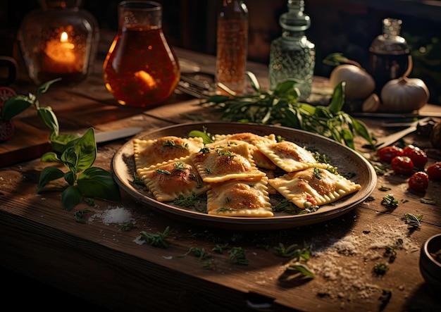 Foto ein rustikales ambiente mit ravioli, serviert auf einem holzbrett