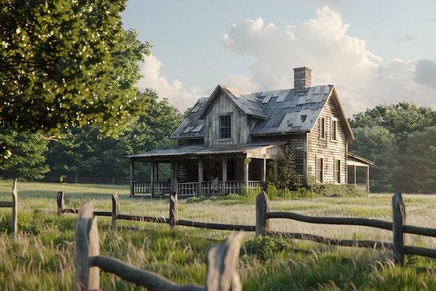 Ein rustikales Bauernhaus, umgeben von Feldern