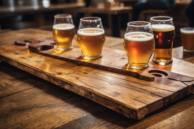 Foto ein rustikales holzbrett in einer brauerei während einer bierprobenveranstaltung