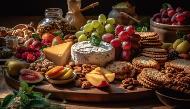 Foto ein rustikales tablett mit französischen köstlichkeiten, brot, käse und wein, erstellt von ai