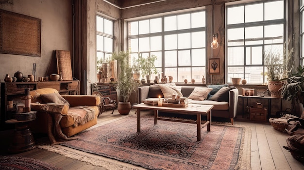 Ein rustikales Wohnzimmer im industriellen Stil, gefüllt mit Vintage-Dekor und gemütlichen Textilien Generative KI
