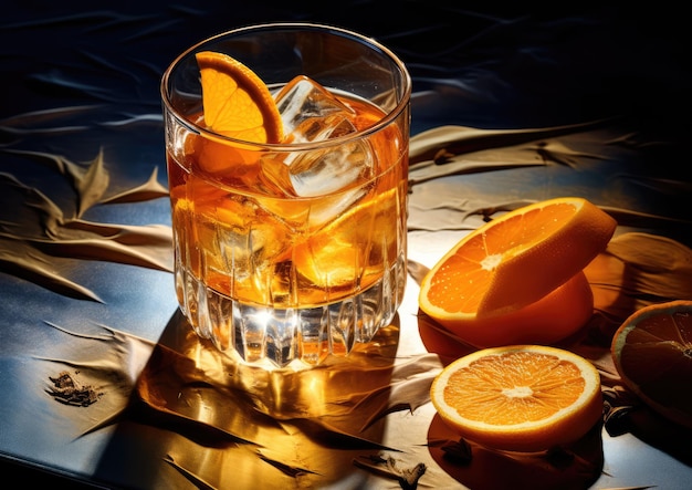 Ein Rusty-Nail-Cocktail, garniert mit einem Hauch Orangenschale, der dem Gericht einen Hauch von Zitrusaroma verleiht