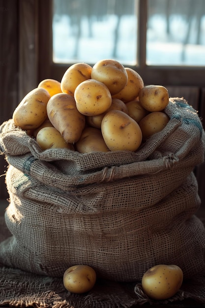 Ein Sack voller Kartoffeln sitzt auf einem Holztisch