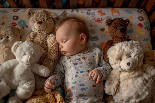 Ein Säugling schläft ruhig umgeben von kuscheligen Teddybären in einer gemütlichen Kinderkrippe