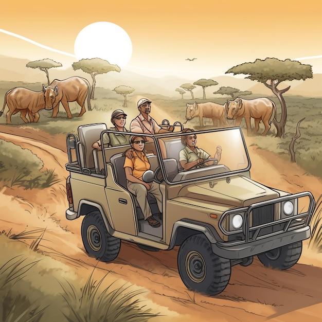 Foto ein safari-jeep mit menschen darin und dem wort safari auf der vorderseite.