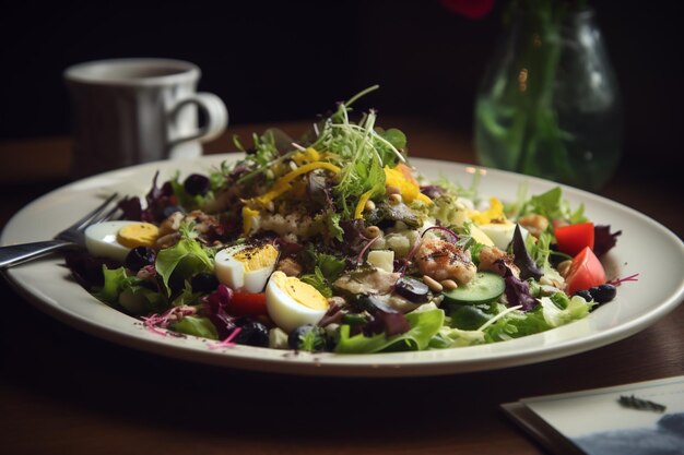 Ein Salat mit Eiern und eine Tasse Kaffee auf einem Tisch.