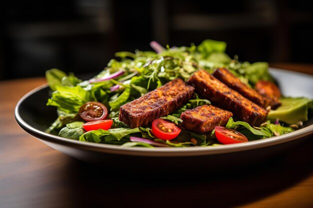 Ein Salat mit gegrilltem Tempeh und gemischtem Gemüse