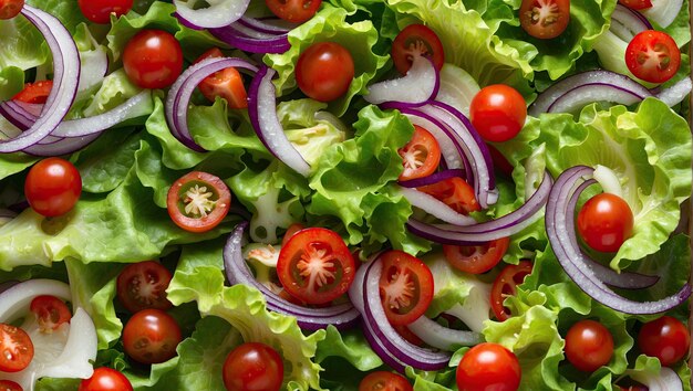 ein Salat mit Salat, Tomaten, Zwiebeln und Sprinkles