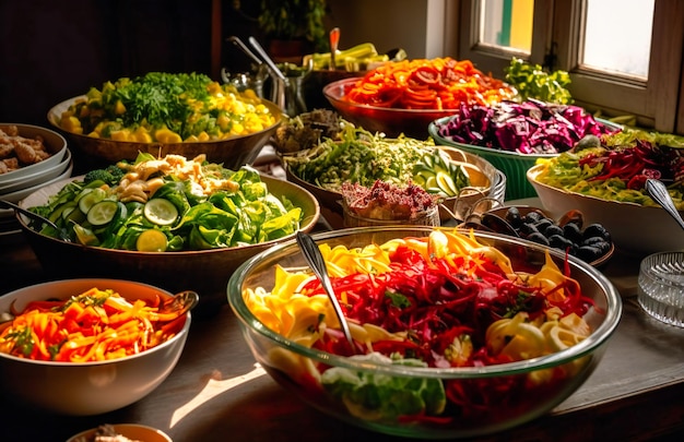 Ein Salat- und Gemüsebuffet mit Salatschüsseln