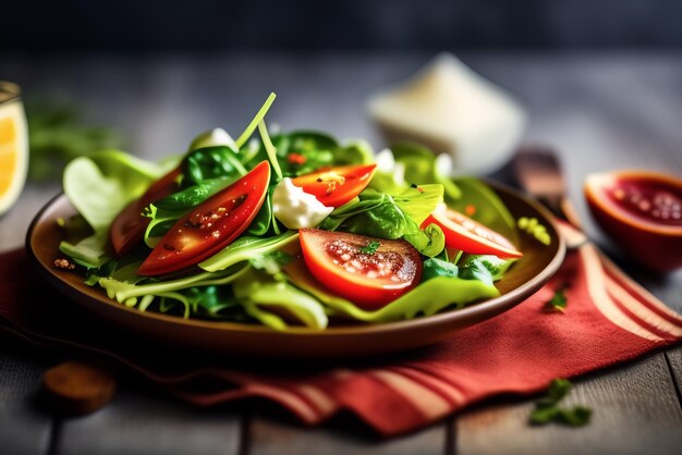 Ein Salatteller mit einem roten Tuch und einer Schüssel Feta-Käse