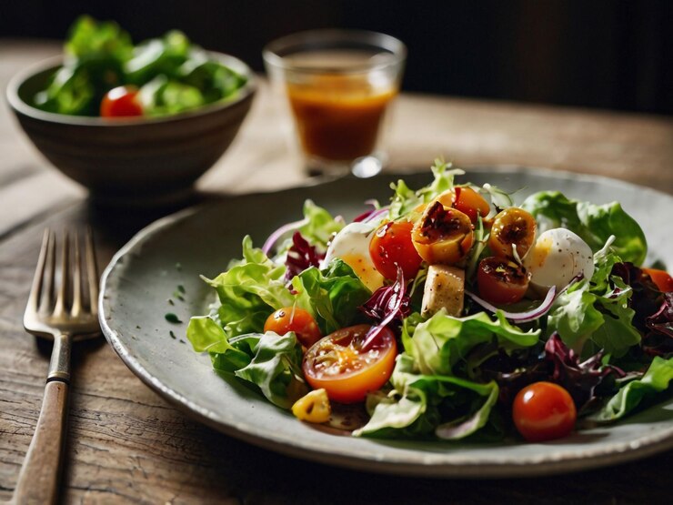 Ein Salatteller mit Tomaten und Kopfsalat darauf
