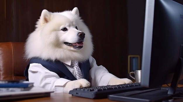 Ein Samojeden-Hund in einem Business-Anzug, ein Computer und generative KI