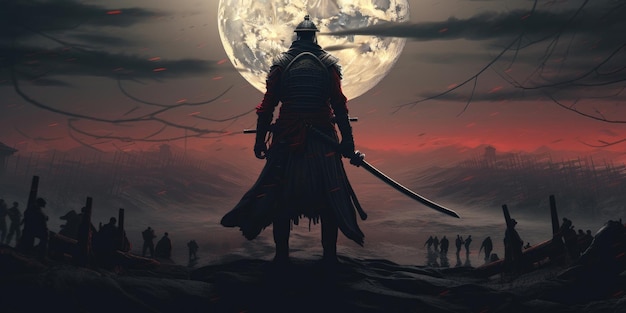 Ein Samurai mit einem Katana steht bereit, gegen eine riesige Armee zu kämpfen