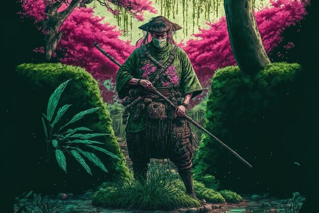 Ein Samurai steht in der Nähe eines Wasserfalls