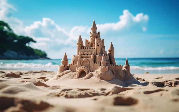 Ein Sandschloss auf einem Sandstrand mit KI