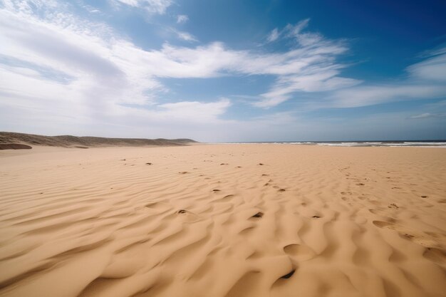 Ein Sandstrand mit Fußabdrücken im Sand, generative KI