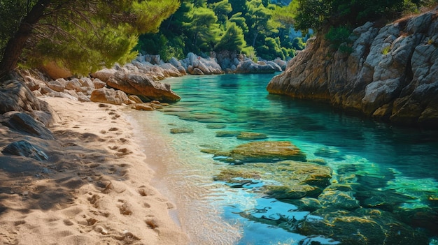 Ein Sandstrand mit klarem blauem Wasser und Felsen