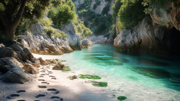 Ein Sandstrand mit klarem blauem Wasser und Felsen