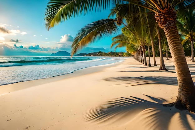 ein Sandstrand mit Palmen, die sich im Wind wiegen, und eine Gruppe Einheimischer, die gegrillte Meeresfrüchte anbieten