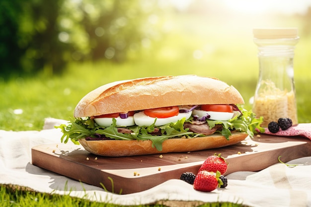 Ein Sandwich mit einem Glas Erdbeermarmelade auf einer Picknickdecke.