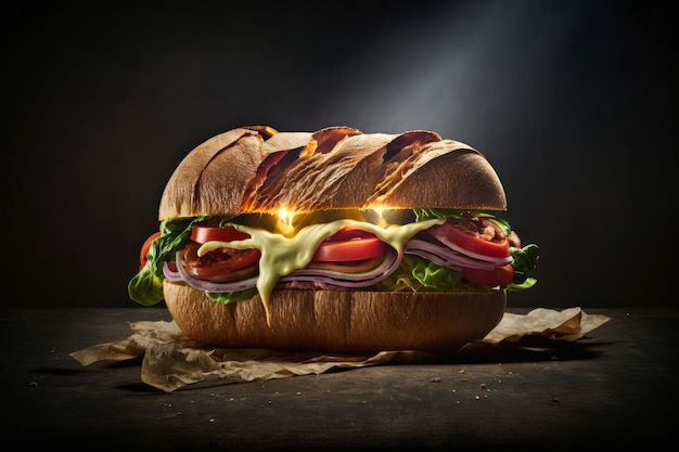 Ein Sandwich mit einem Licht darauf, auf dem Fast Food steht