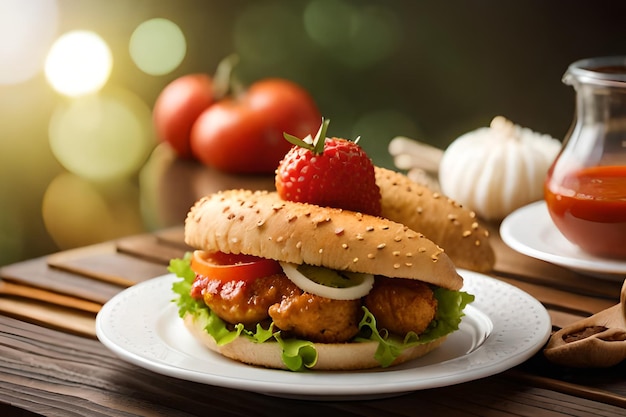 Ein Sandwich mit einer Tomate darauf und eine Tasse Kaffee auf einem Tisch