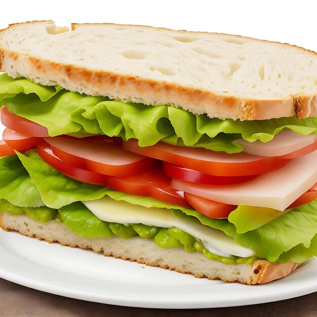 Ein Sandwich mit einer Tomatenscheibe und Salat auf einem Teller.