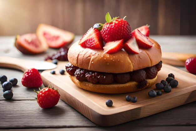 Ein Sandwich mit Erdbeeren und Blaubeeren darauf