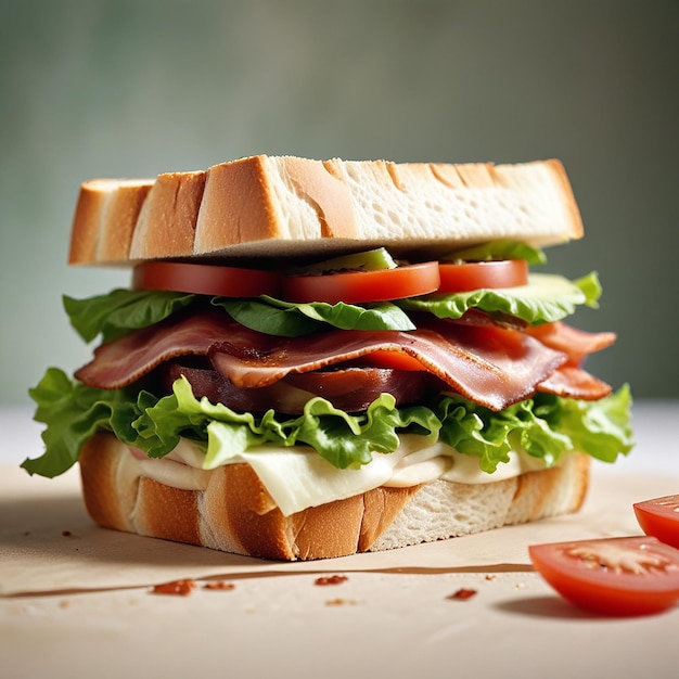 ein Sandwich mit Fleischsalat und Tomaten auf einem Schneidbrett