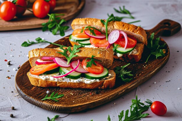 ein Sandwich mit Gemüse und Tomaten auf einem Holzbrett