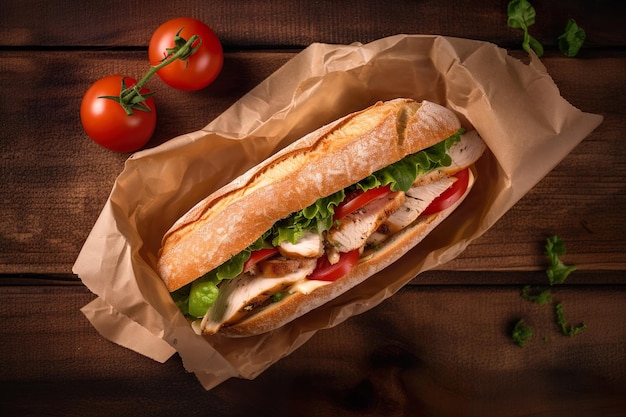 Ein Sandwich mit Hähnchen und Salat auf einem Holztisch