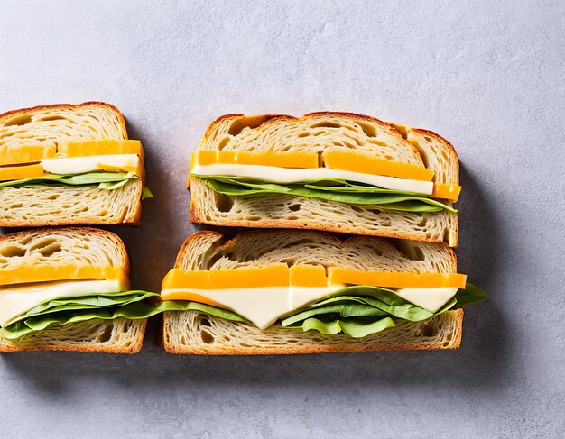 Foto ein sandwich mit käse, salat und grünen blättern darauf