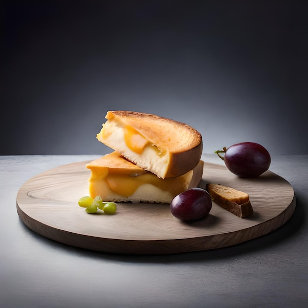 Ein Sandwich mit Käse und Trauben auf einem Holzbrett.