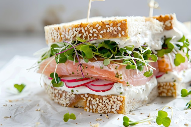 Foto ein sandwich mit lachs, salat und petersilie