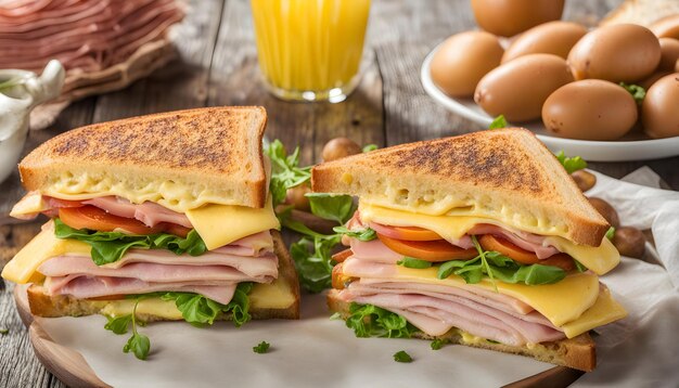 Foto ein sandwich mit schinken, käse und schinken auf einem tisch