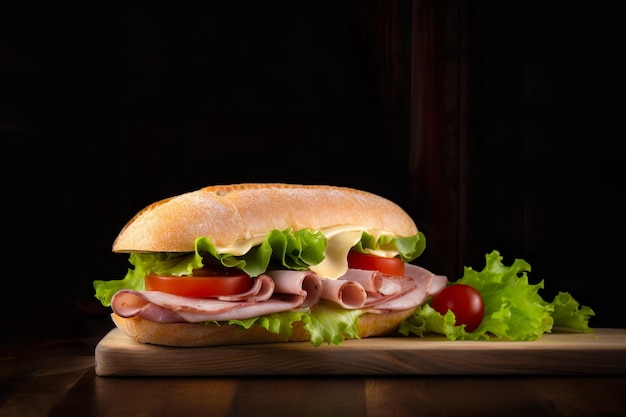 Ein Sandwich mit Schinkensalat, Tomate und Salat auf einem Holzbrett