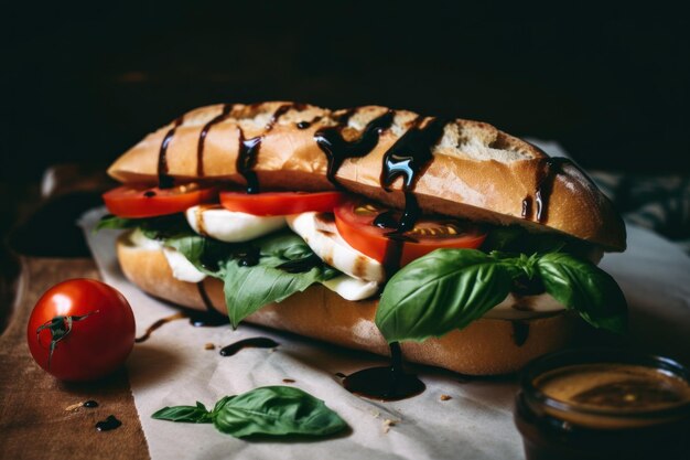Ein Sandwich mit Tomaten, Mozzarella und Basilikum. Generatives KI-Bild