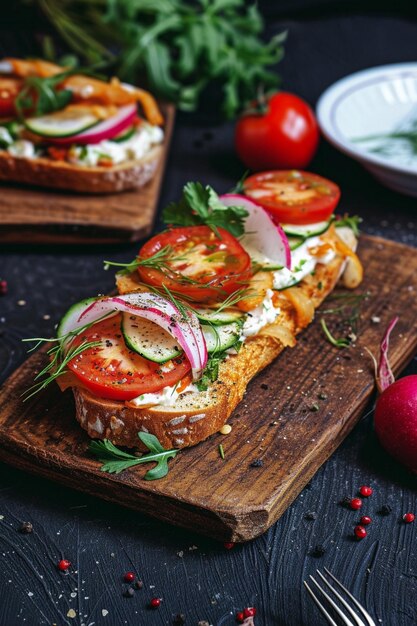 ein Sandwich mit Tomaten und Salat darauf