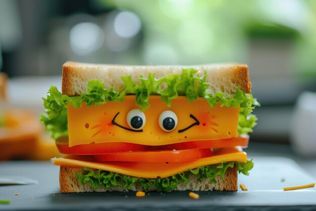 Ein Sandwichmacher mit einem Gesicht aus Käse und Sandwich