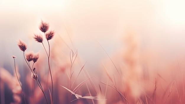 Foto ein sanft fokussiertes bild von zartem wildgras und samenköpfen auf einem warmen, sonnenbestrahlten feld mit einem trüben rosa und orangefarbenen hintergrund