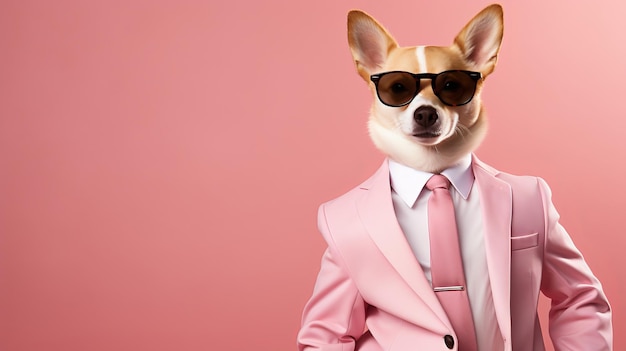 Foto ein sanfter hund in sonnenbrille und anzug, isoliert auf rosa hintergrund mit textraum auf der linken seite