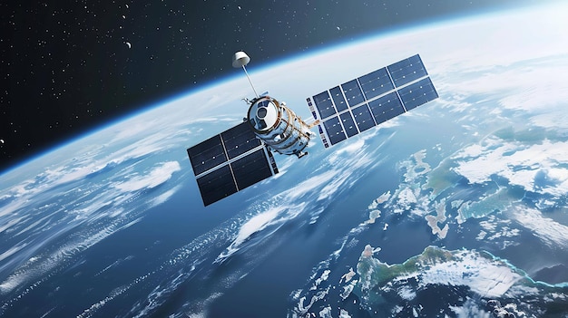 Ein Satellit umkreist die Erde und liefert Kommunikations- und Wetterdaten