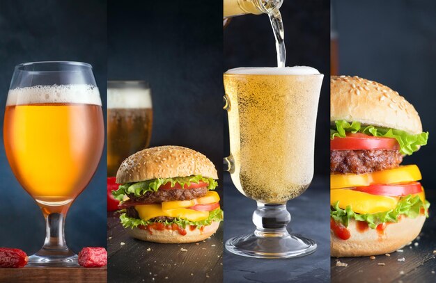 Foto ein satz bier für hamburger und pommes frites ein standard-satz von getränken und essen im pub bier