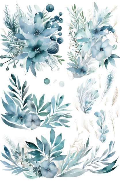 Ein Satz blaue Blumen des Aquarells auf einem weißen Hintergrund