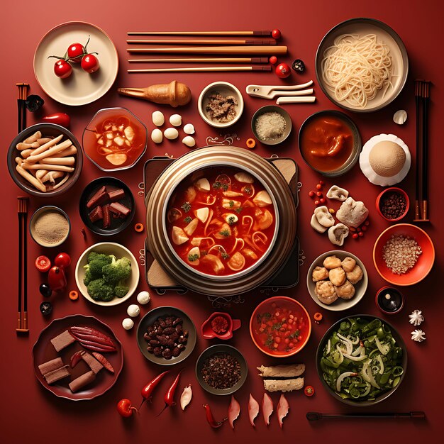 Ein Satz chinesischer heißer Topfrestaurant elektrische heiße Topfspatzen und Stra Hintergrunddekorationsideen Kunst
