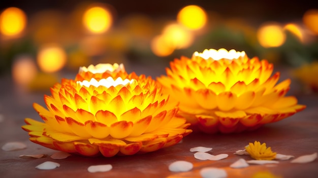 Ein Satz farbenfroher Diyas-Lampen, die während des Diwali-Festivals mit gelbem Marigoldblütenhintergrund beleuchtet werden