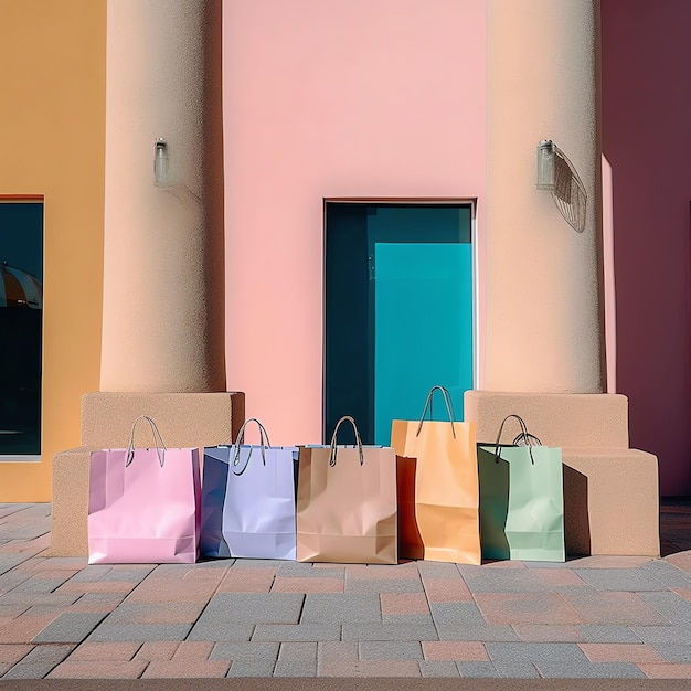 Ein Satz farbenfroher Einkaufstaschen mit Griffe Papier-Einkaufstaschen Close-up Einkaufstage