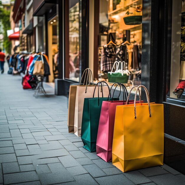Foto ein satz farbenfroher einkaufstaschen mit griffe papier-einkaufstaschen close-up einkaufstage